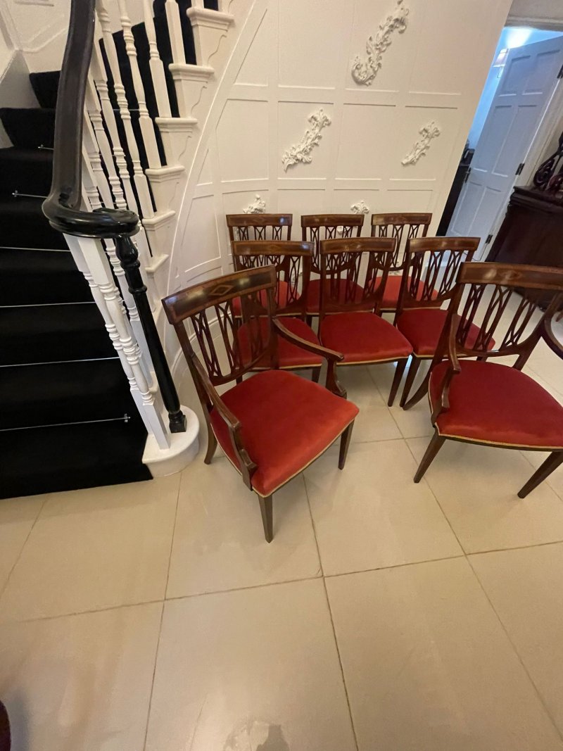 Exceptional Quality Antique Set of Eight Victorian Inlaid Carved Mahogany Dining Chairs - Image 4